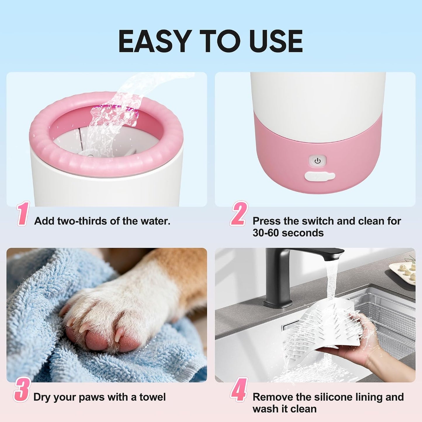 Pink Electric Dog Paw Cleaner Cup, Rechargeable 360° Washer with Brush