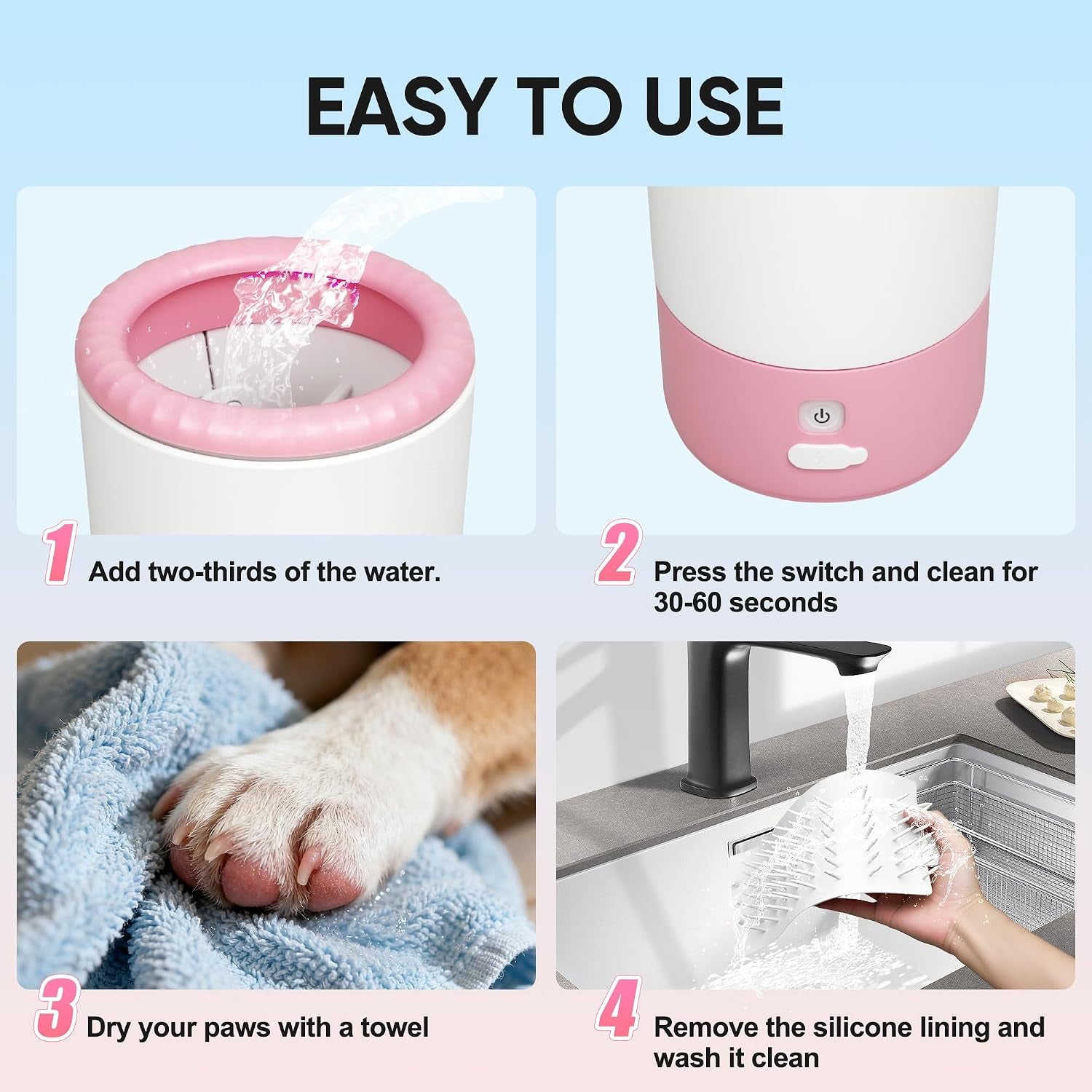 Pink Electric Dog Paw Cleaner Cup, Rechargeable 360° Washer with Brush
