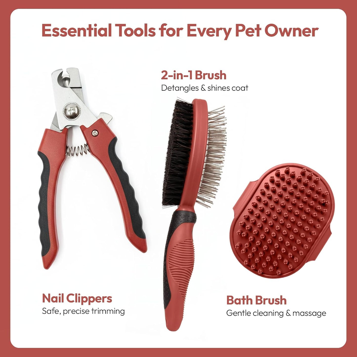 PM Pet Grooming Tools for Dogs & Cats- Safe on Skin Easy to Use Dog Grooming Kit with Ergonomic, Non-Slip Handle– Includes Pet Nail Clippers, 2-In-1 Slicker Brush & Hand-Held Bath Brush-