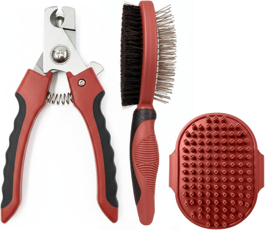 PM Pet Grooming Tools for Dogs & Cats- Safe on Skin Easy to Use Dog Grooming Kit with Ergonomic, Non-Slip Handle– Includes Pet Nail Clippers, 2-In-1 Slicker Brush & Hand-Held Bath Brush-