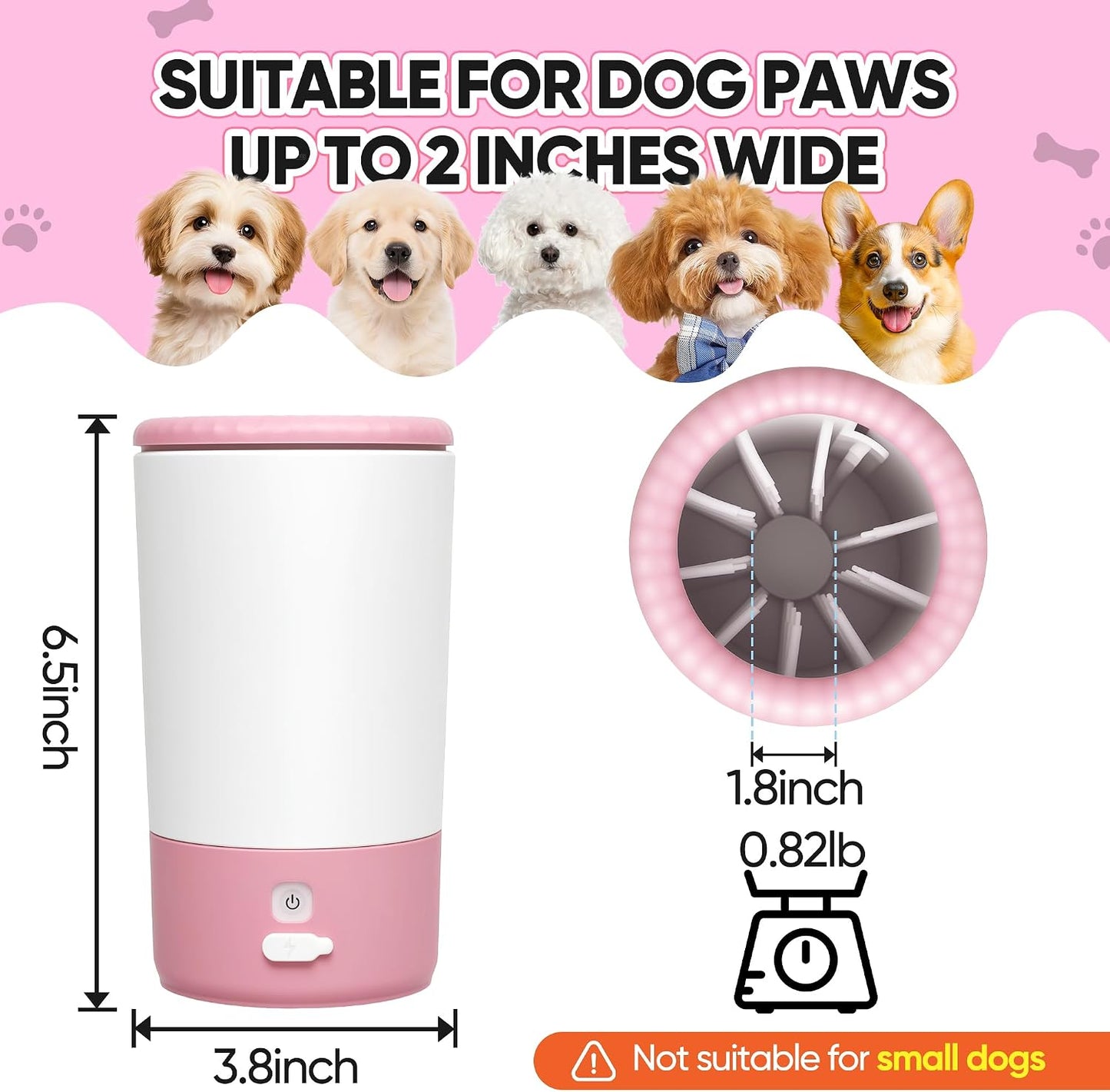 Pink Electric Dog Paw Cleaner Cup, Rechargeable 360° Washer with Brush